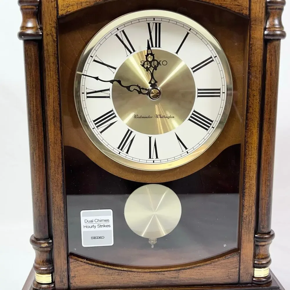 Seiko Baron Brown Wood Gold Mantel Pendulum Clock Dual Chimes QXQ034B New